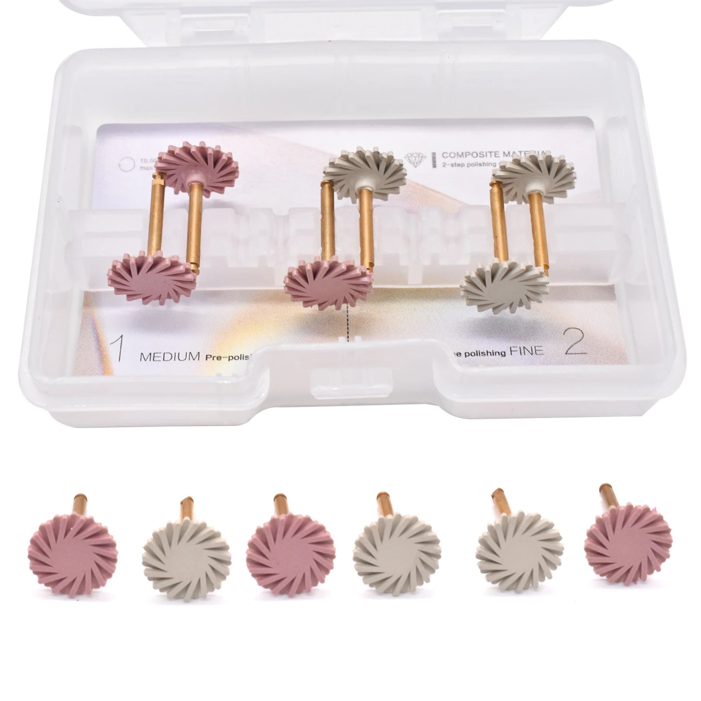 6pcs/box Dental Rubber Polisher Composite Resin Diamond Impregnated 2-Step Polishing System Disc 14mm Wheel Kit Spiral